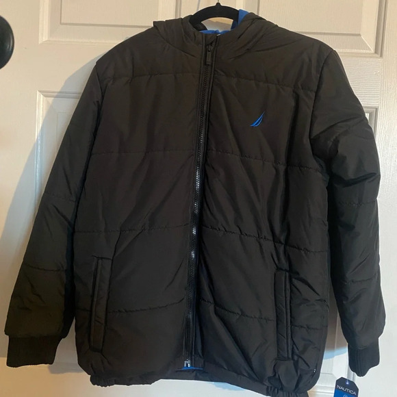 Nautica NWT Youth Blue Black Hooded Signature Puffer Coat - Picture 4 of 4